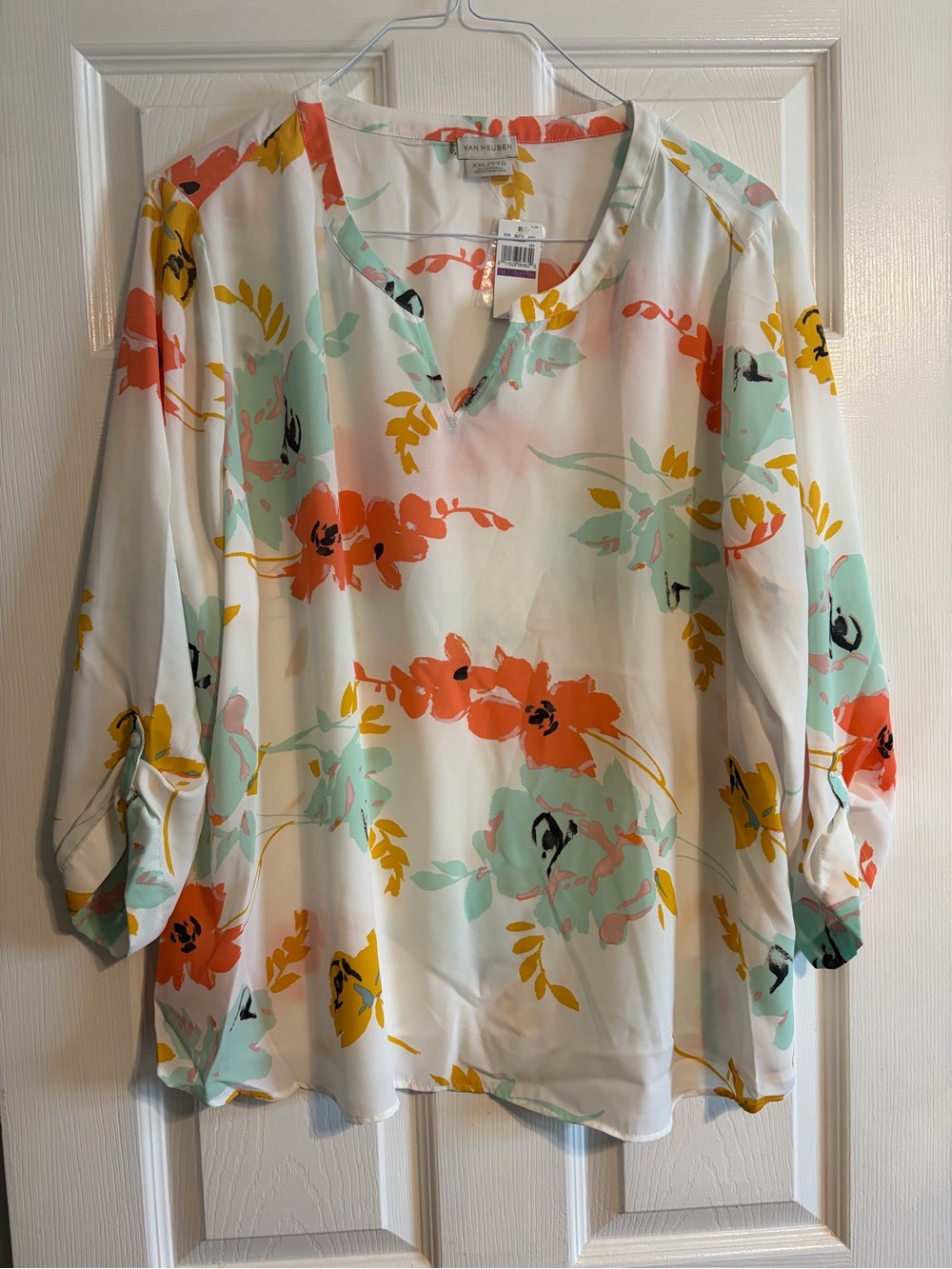Van Heusen Plus Size XXL Floral Blouse V-Neck Roll Tab 3/4 Sleeve Top Multicolor